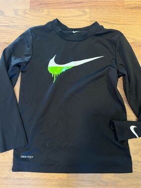 Nike Black Long-Sleeve Tee with Neon Green Drip Swoosh